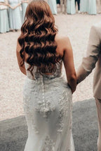Designer Long Mermaid Strapless Lace Wedding Dress with Train