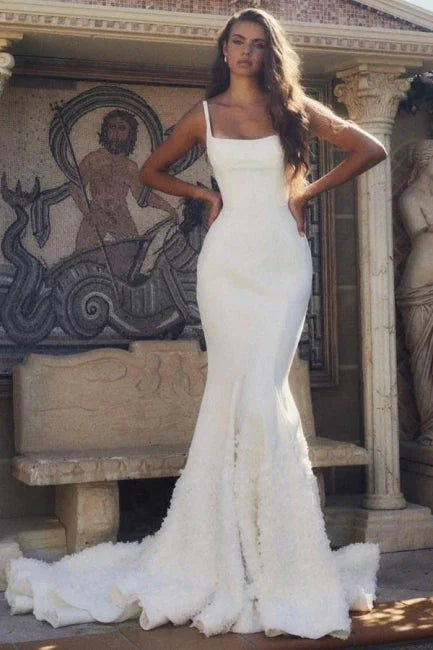 Designer langes Meerjungfrauen-Brautkleid aus Satin mit Spaghettiträgern