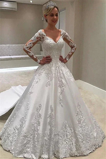 Designer-Brautkleider mit Ärmeln | A-Linien-Brautkleid aus Spitze