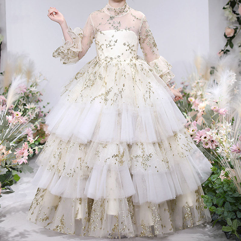 Vestido de primera comunión para niña, vestido de princesa con flores y malla abullonada. 