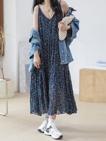 Women Vintage Floral Pleat V-Neck Loose Vest Dress