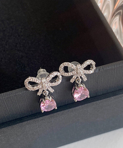 Cute Pink Sterling Silver Zircon Bow Water Drop Stud Earrings