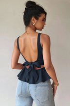 Backless Bow Tie Ruffle Hem Blouse