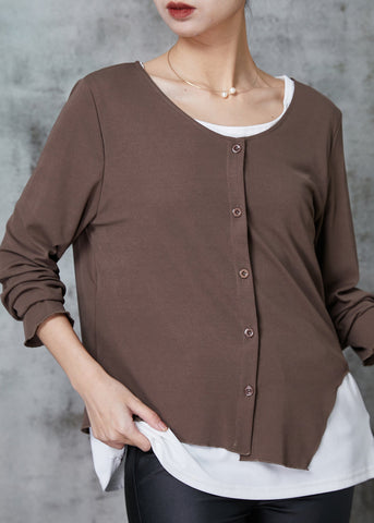 Khaki Patchwork Baumwolle Gefälschte Zwei Stück Tops Asymmetrische 