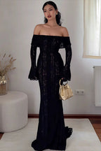 Off Shoulder Lace Flare Sleeve Fitted Train Elegant Maxi Dress