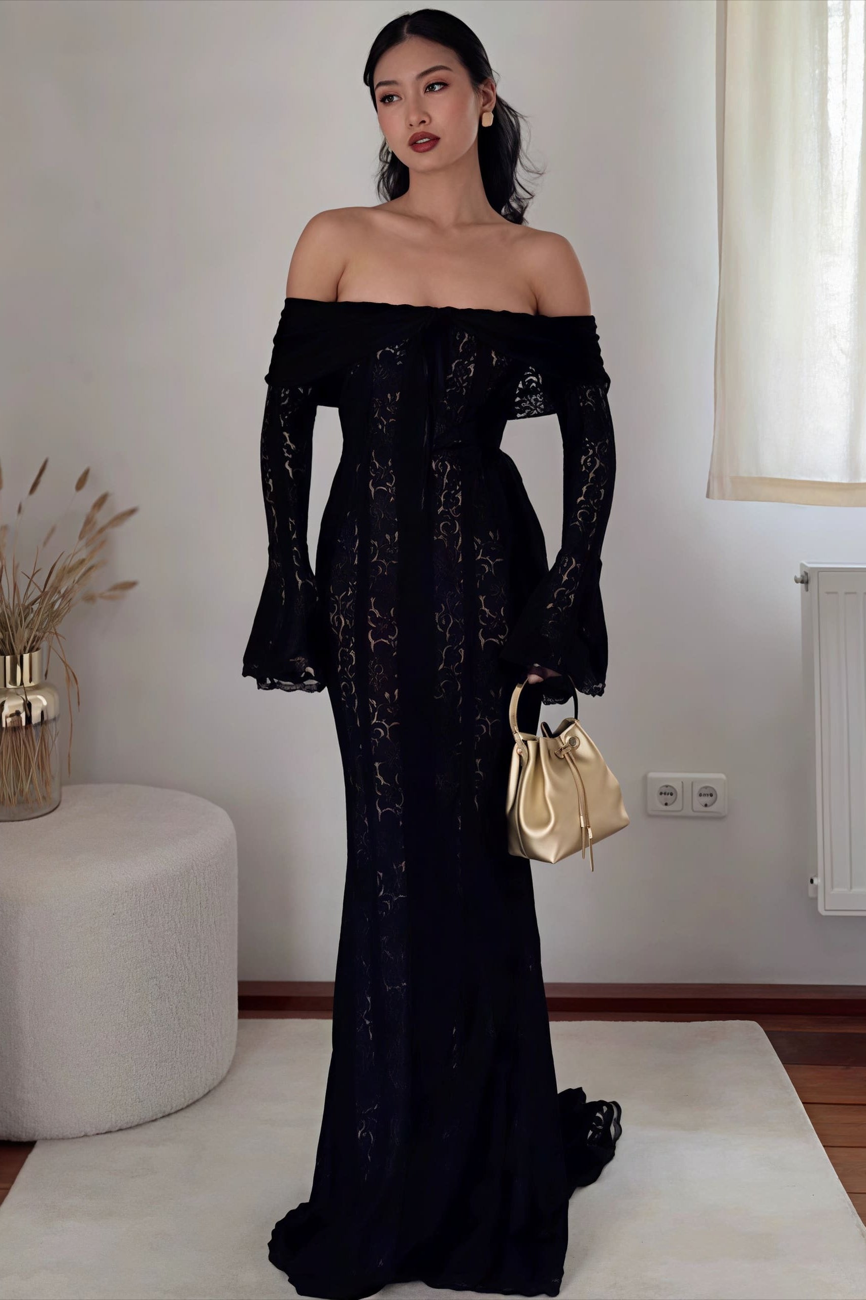 Off Shoulder Lace Flare Sleeve Fitted Train Elegant Maxi Dress