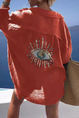 Lässige Blusen mit Patchwork-Umlegekragen und Augenaufdruck (8 Farben) 