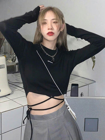 Camisetas de manga larga para mujer, diseño sexy, crop tops ajustados, estilo Harajuku Ulzzang, ropa urbana de primavera para mujer, ropa ajustada y atractiva, novedad 