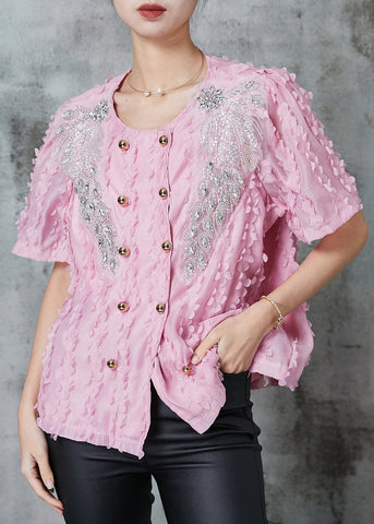 DIY Rosa Chiffon-Hemd mit Quasten und zweireihigem Saum, Sommer 