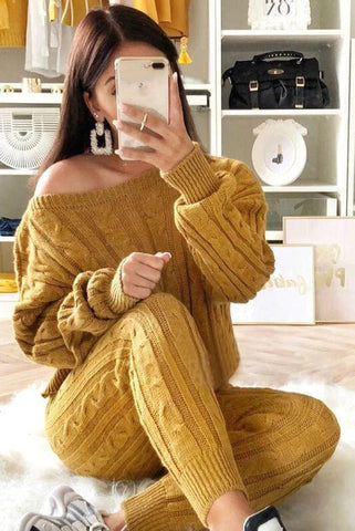 Set aus Zopfmusterpullover und Slim-Fit-Hose mit hohem Tragekomfort 