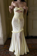 Solid Floral Patchwork Boned Tie Ruched Elegant Maxi Dress
