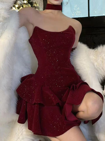 Minivestido de terciopelo Y2K para mujer, sin tirantes, con gargantilla, sexy, ajustado, con capas y volantes, corte A, para fiesta de cumpleaños, noche, graduación 