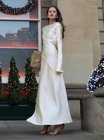 Flowy Stain Dress Boatneck Rufflles Sleeves Draped Back Prom Maxi Dresses