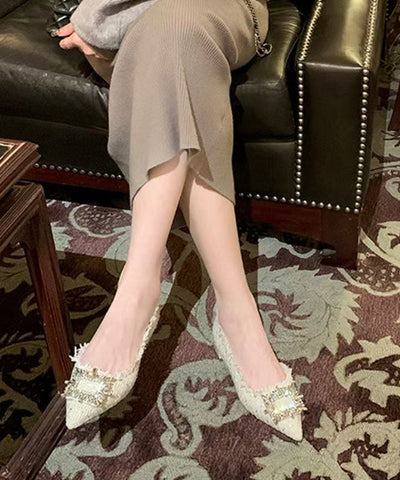 Beige French Zircon Splicing Flat Feet Shoes Pointed Toe