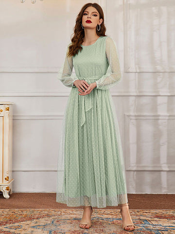 Maxi Dress Jewel Neck Long Sleeves Casual Sheer Sash Long Dress