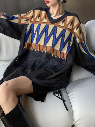 False Two Long Sleeves Drawstring Split-Joint V-Neck Sweater