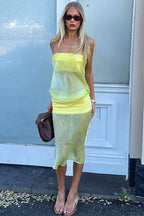 Strapless Contrast Sheath Sheer Midi Dress