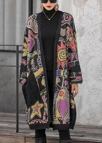 Lockerer V-Ausschnitt, bedruckte Taschen, Baumwollstrick, lange Strickjacke, lange Ärmel 