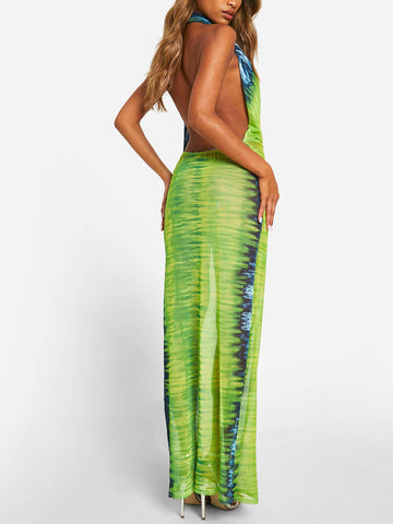 Vestido largo de malla con efecto tie-dye y cuello vuelto color lima 