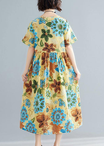 Túnica de algodón con estampado amarillo DIY, cuello redondo, patchwork, vestido de verano de talla grande 