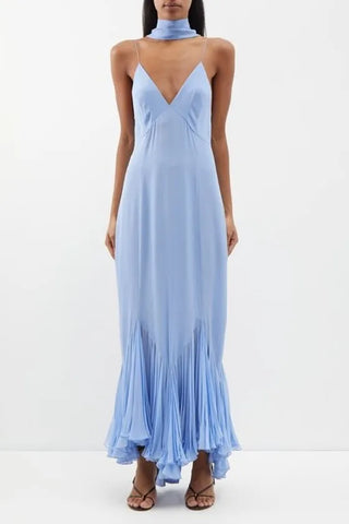 Vestido midi lencero con espalda descubierta y volantes 