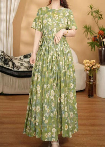 Frauen Gras Grün Cinched Floral Print Baumwolle Knöchel Kleid Sommer 