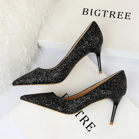 summer new  style sexy nightclub slim heels for women's skinny heels fashion glitter single shoes