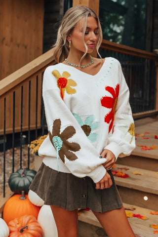 white floral v neck drop shoulder sweater