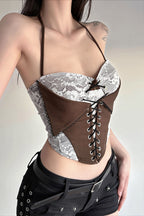 Chic Color Block Lace Insert Tie Waist Backless Halter Top