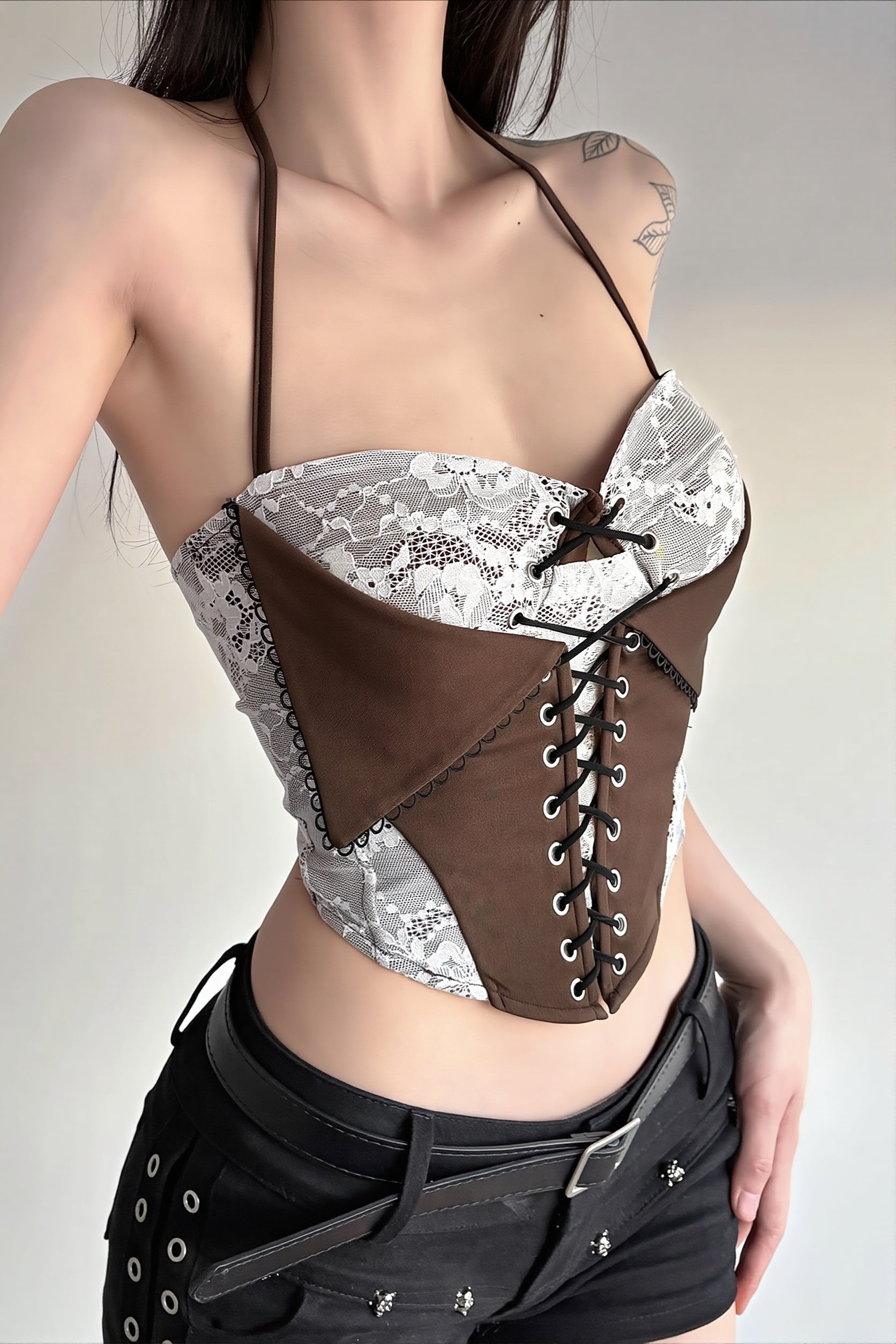 Chic Color Block Lace Insert Tie Waist Backless Halter Top