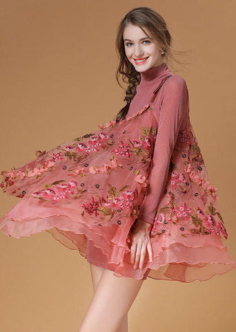 Hermoso conjunto de dos piezas de organza bordada con cuello de tortuga rosa para primavera 