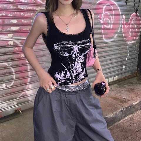 Tops con estampado gótico, top corto estético Y2K, top de encaje sin mangas, camisola, chaleco Harajuku, ropa de calle, camiseta sin mangas negra, ropa para mujer 