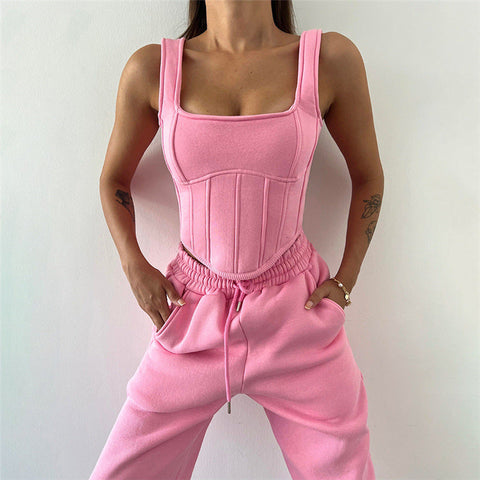 Autumn Winter Women Hooded Sweater Blouse Camisole Waist Pants Set