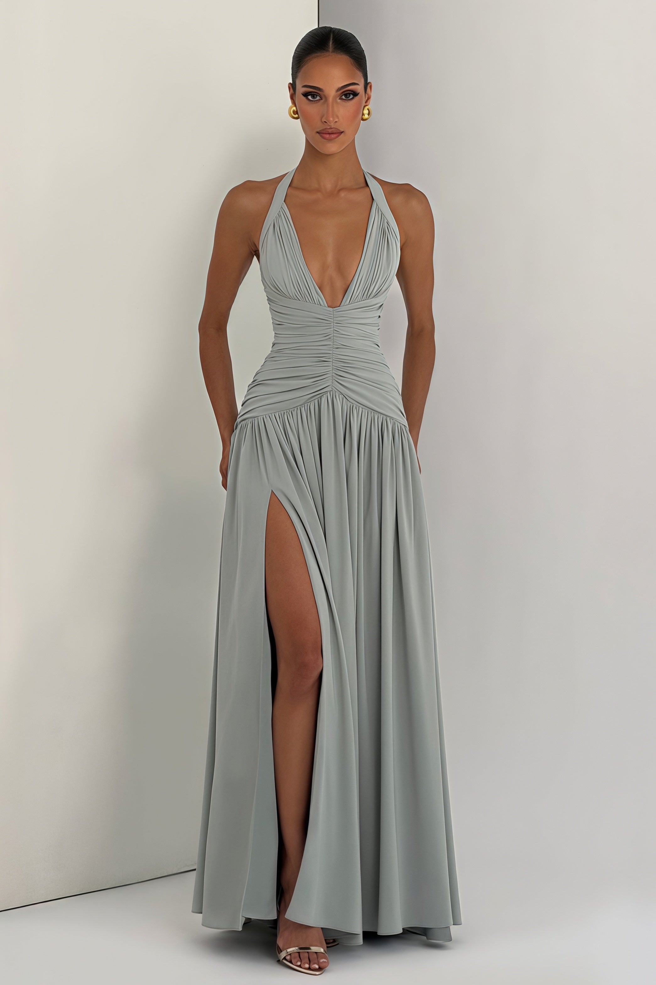 Elegant Halter Neck Slit Backless Maxi Dress