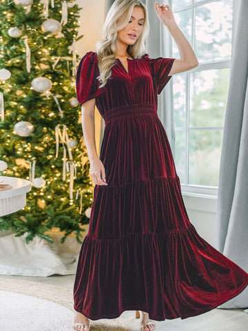 Vestido de terciopelo con escote en V, fruncido, capas, manga corta, vestidos largos 