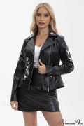 Diagonal Zipper Embroidered Leather Moto Jacket
