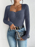 Diamond Collar Casual Knitted Long Sleeve T-shirt Women