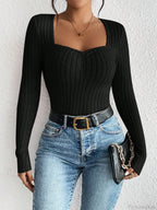Diamond Collar Casual Knitted Long Sleeve T-shirt Women