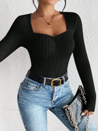Diamond Collar Casual Knitted Long Sleeve T-shirt Women