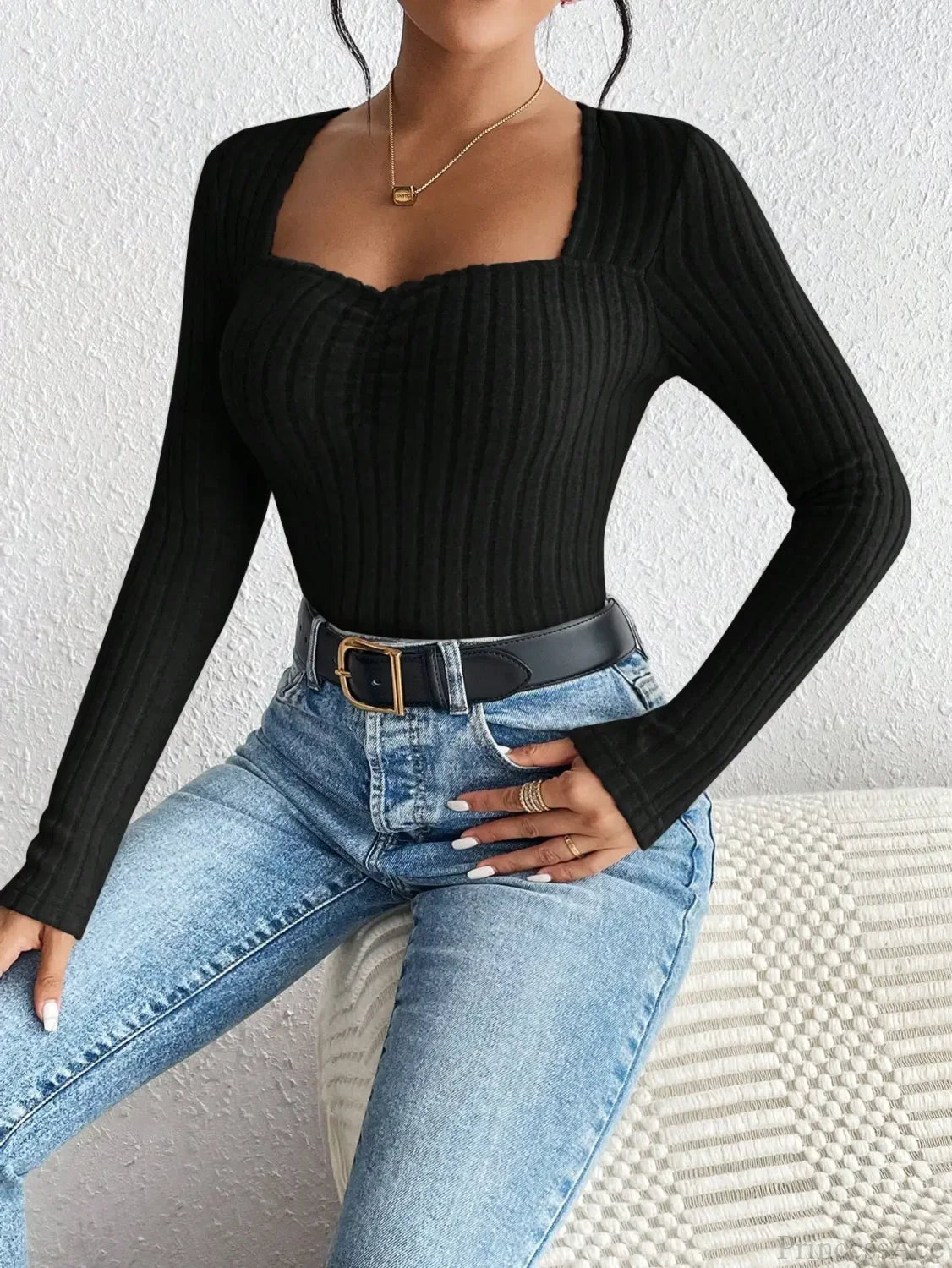 Diamond Collar Casual Knitted Long Sleeve T-shirt Women