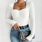 Diamond Collar Casual Knitted Long Sleeve T-shirt Women
