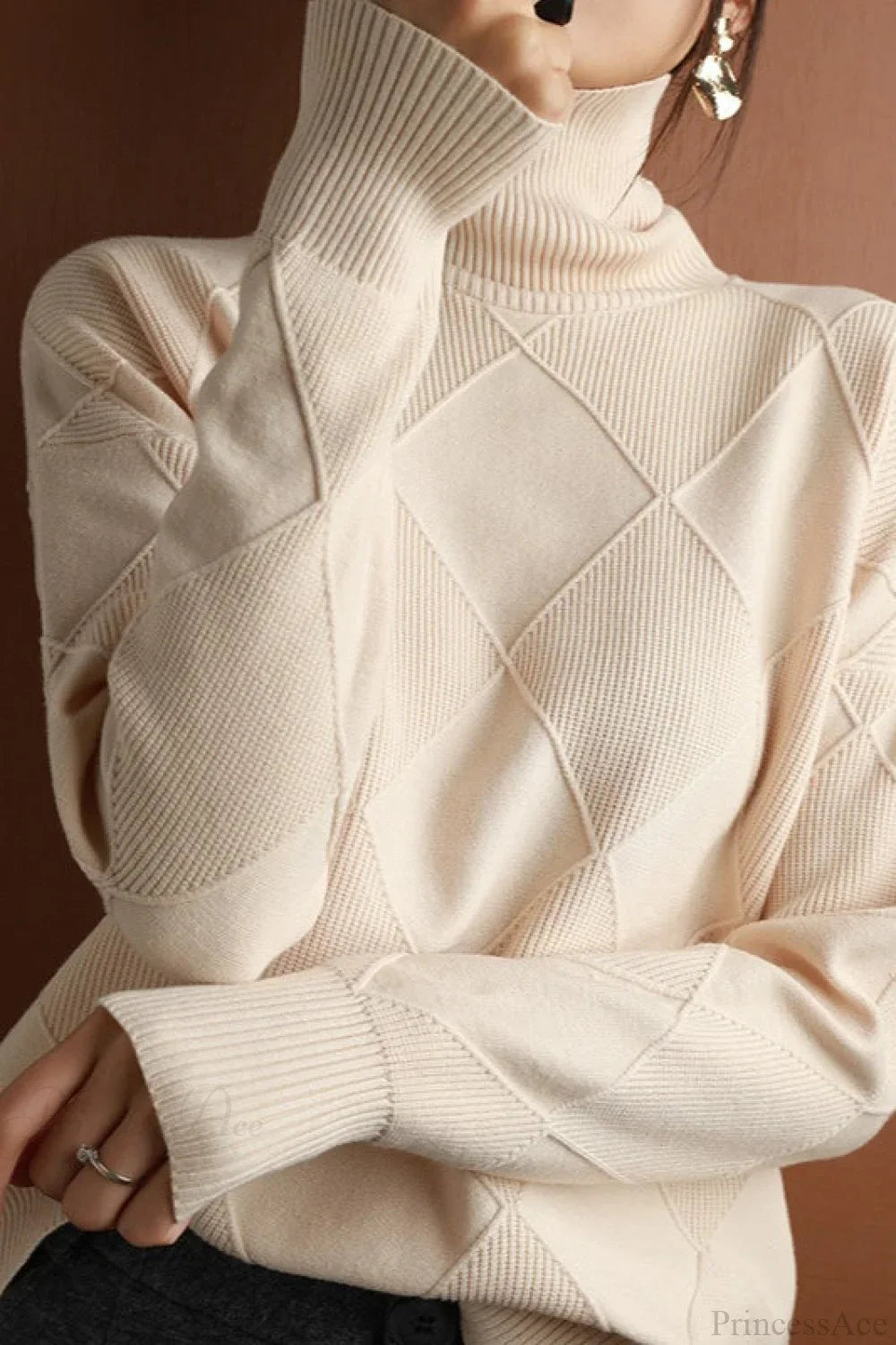 Diamond Pattern Turtleneck Loose Long-Sleeve Sweater