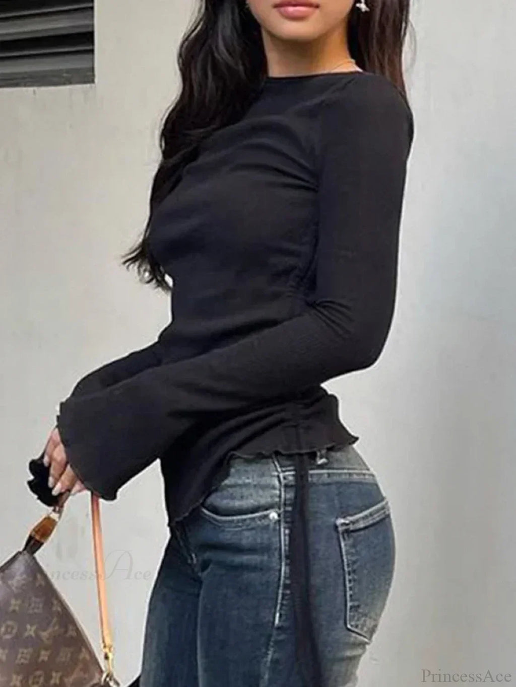 Drawstring Folds Solid Slim O-Neck Long Sleeve Knit Top
