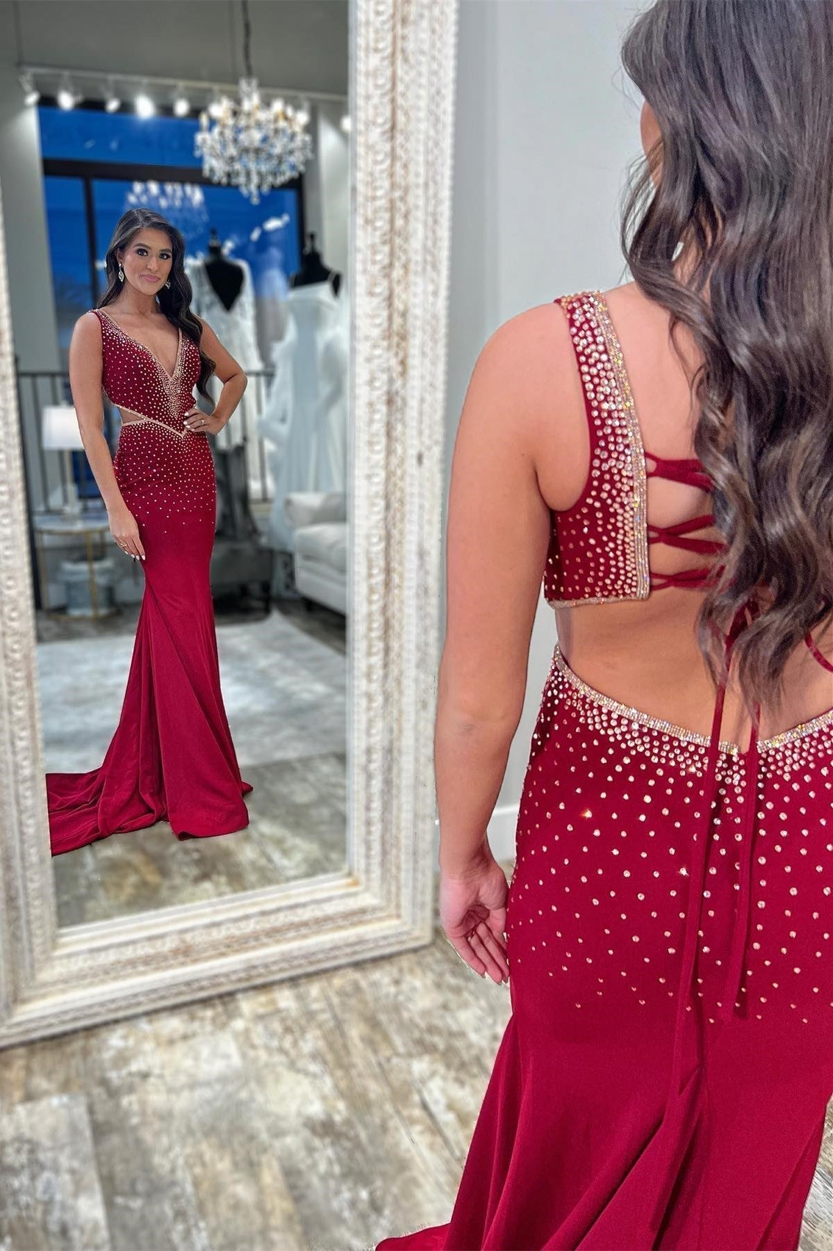 Mermaid V-Neck Beaded Jersey Prom Dress with Beading