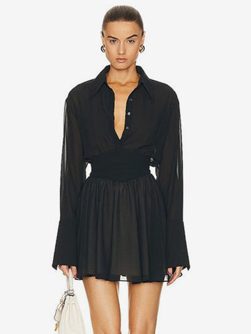 Skater Dresses Turndown Collar Long Sleeves Sexy Mini Dress