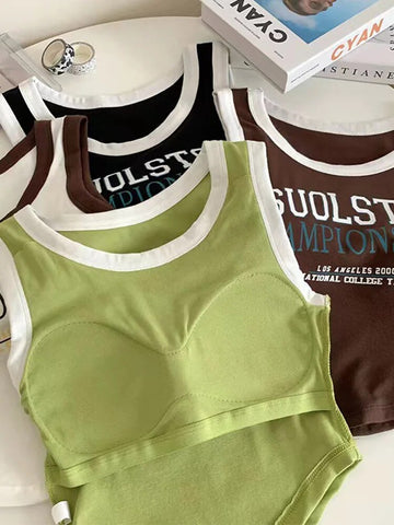 Camiseta sin mangas con estampado de letras para mujer, estilo coreano, con bloques de color y sujetador incorporado, estilo deportivo informal sin mangas, envío directo 