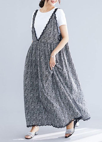 Vestido maxi de verano 100 % negro con cuello en V, de gasa, acolchado, con volantes de encaje 