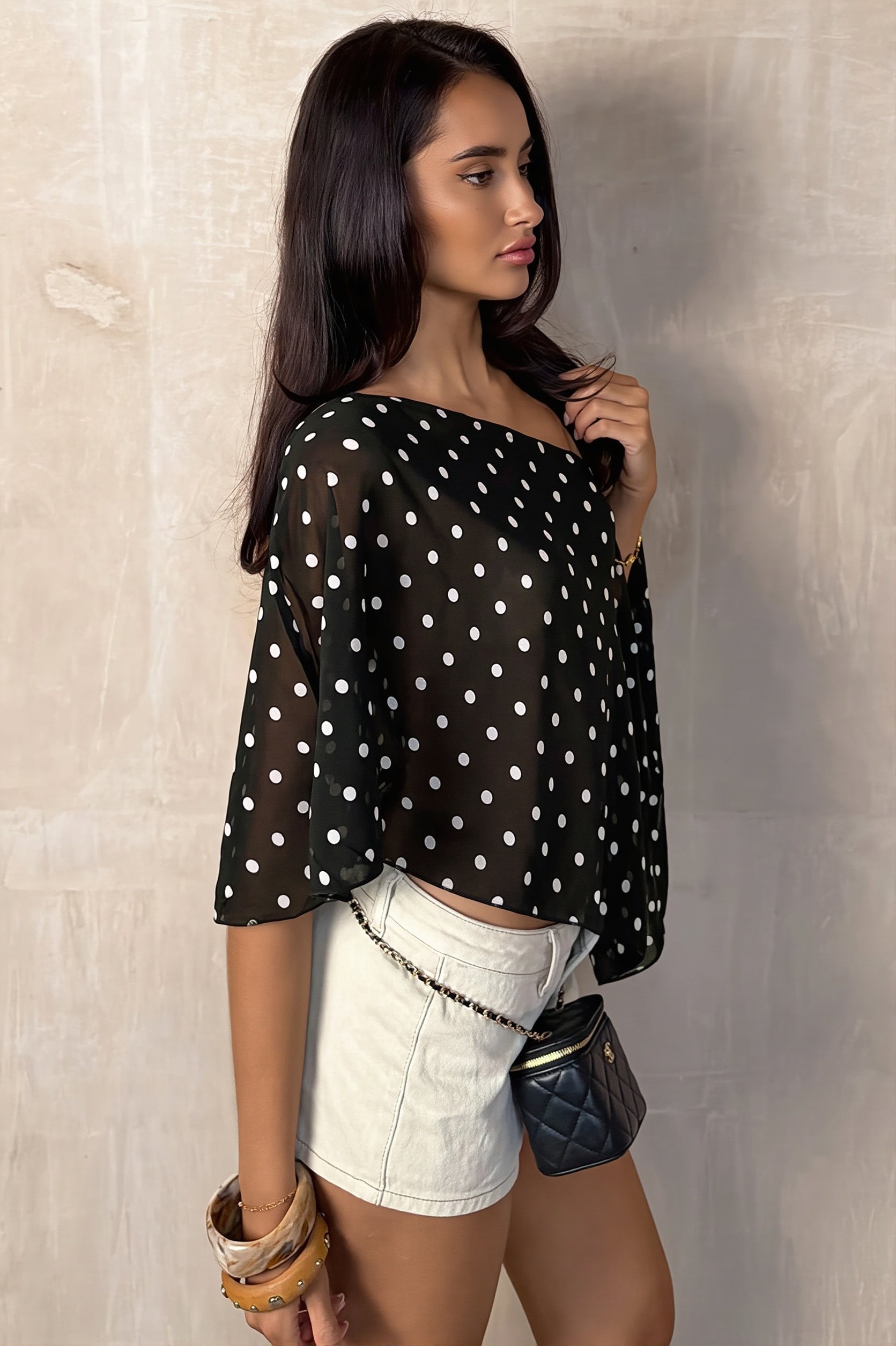 Chiffon Polka Dot Asym Shoulder Blouse