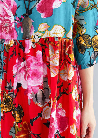 Hermoso vestido de verano holgado con cuello redondo, estampado de lino y algodón acolchado, con patchwork, en rojo y verde 