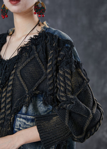 Boutique Schwarz Oversize Patchwork Denim Strick Tops Winter 